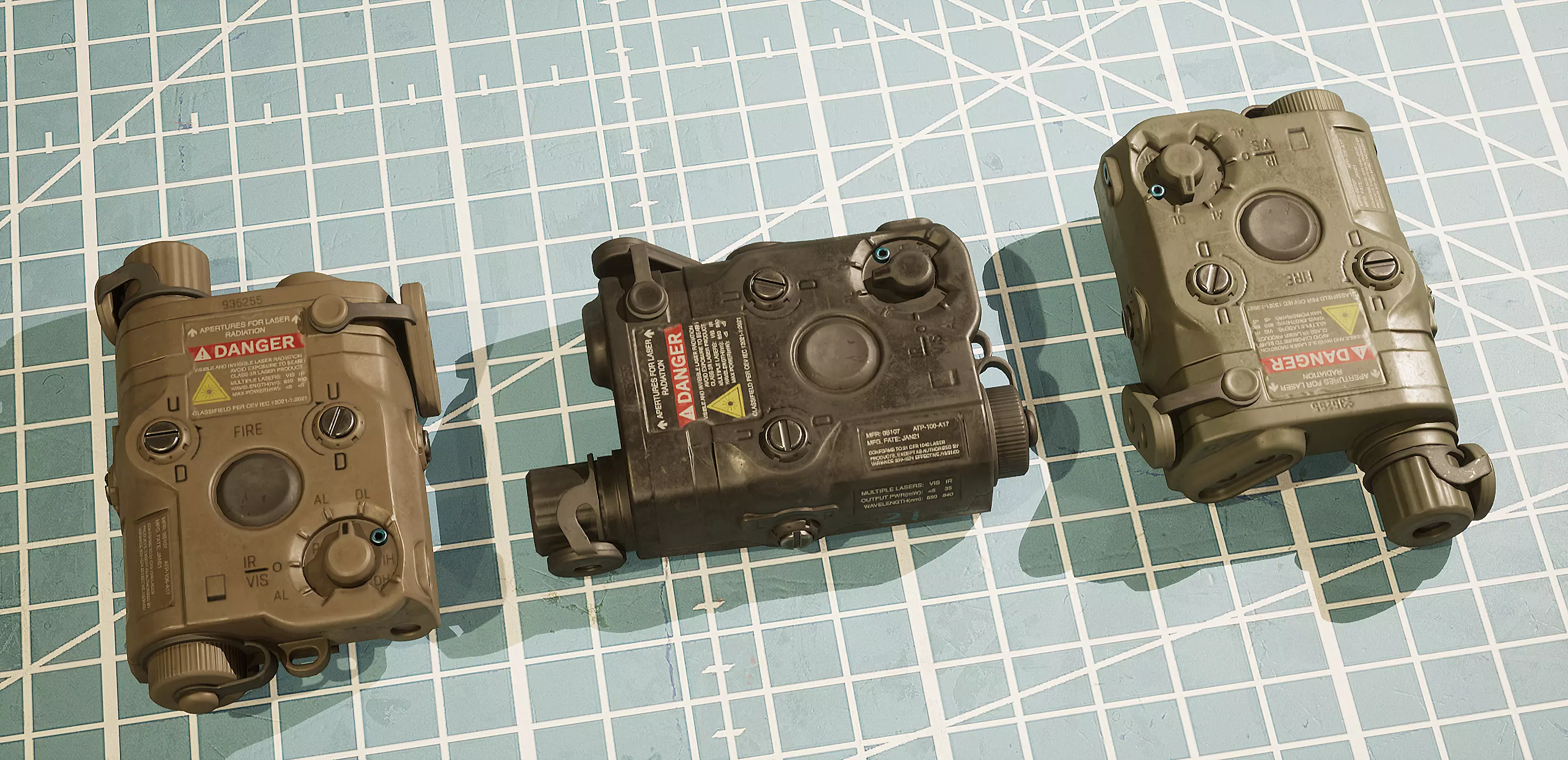 ANPEQ15 three military devices on cutting mat Low-poly 3D model_0