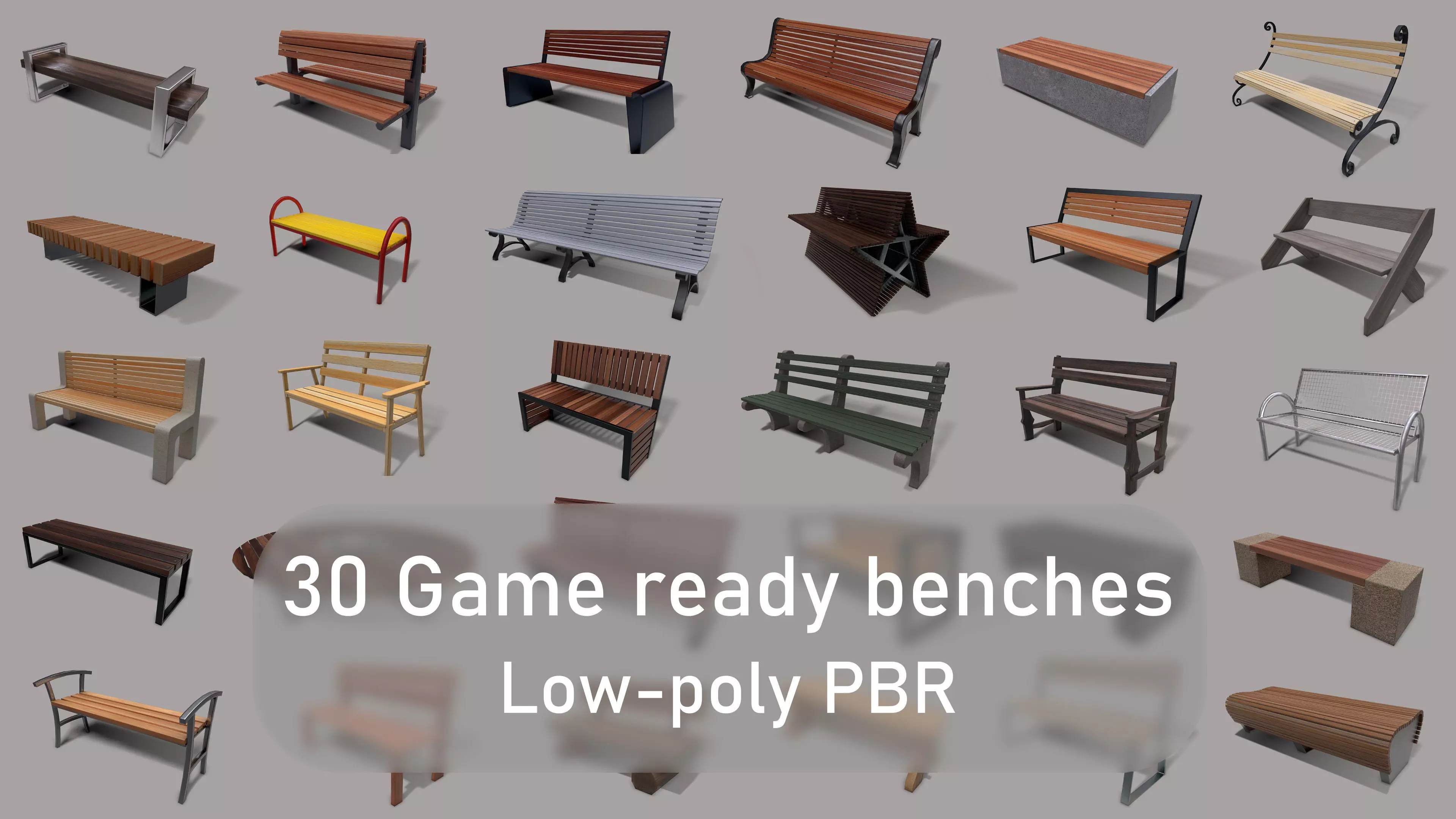 30 Benches Low-poly 3D model