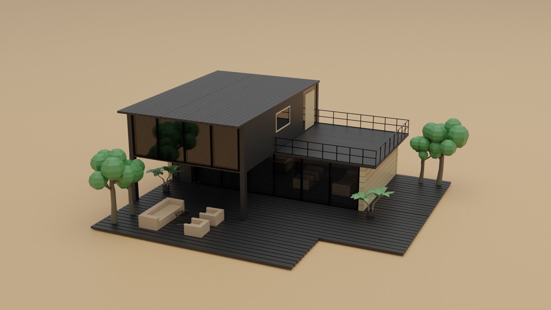 Low Poly Wooden House Low-poly 3D model_2