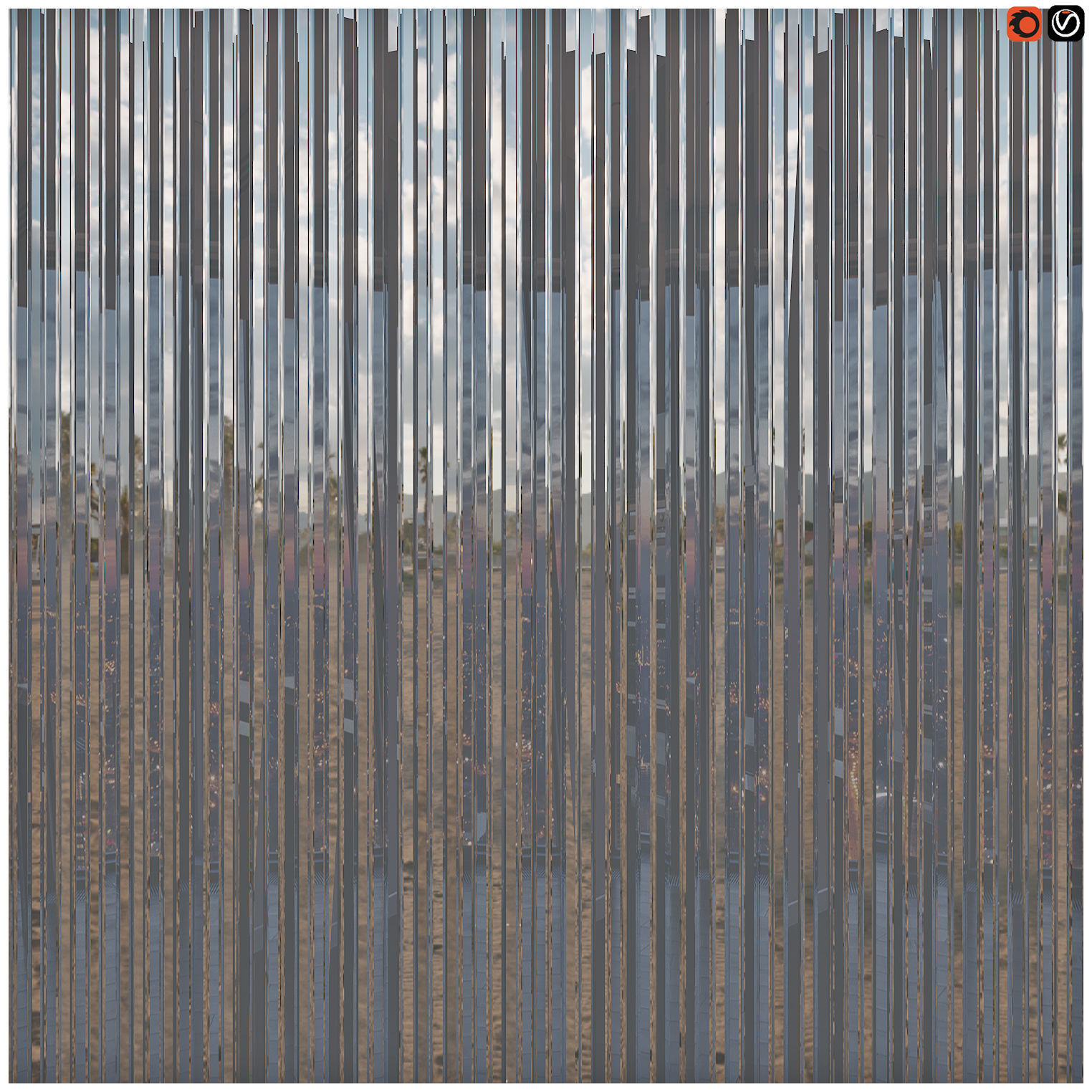 Deflection Mirror glass wall panel 3D model_1