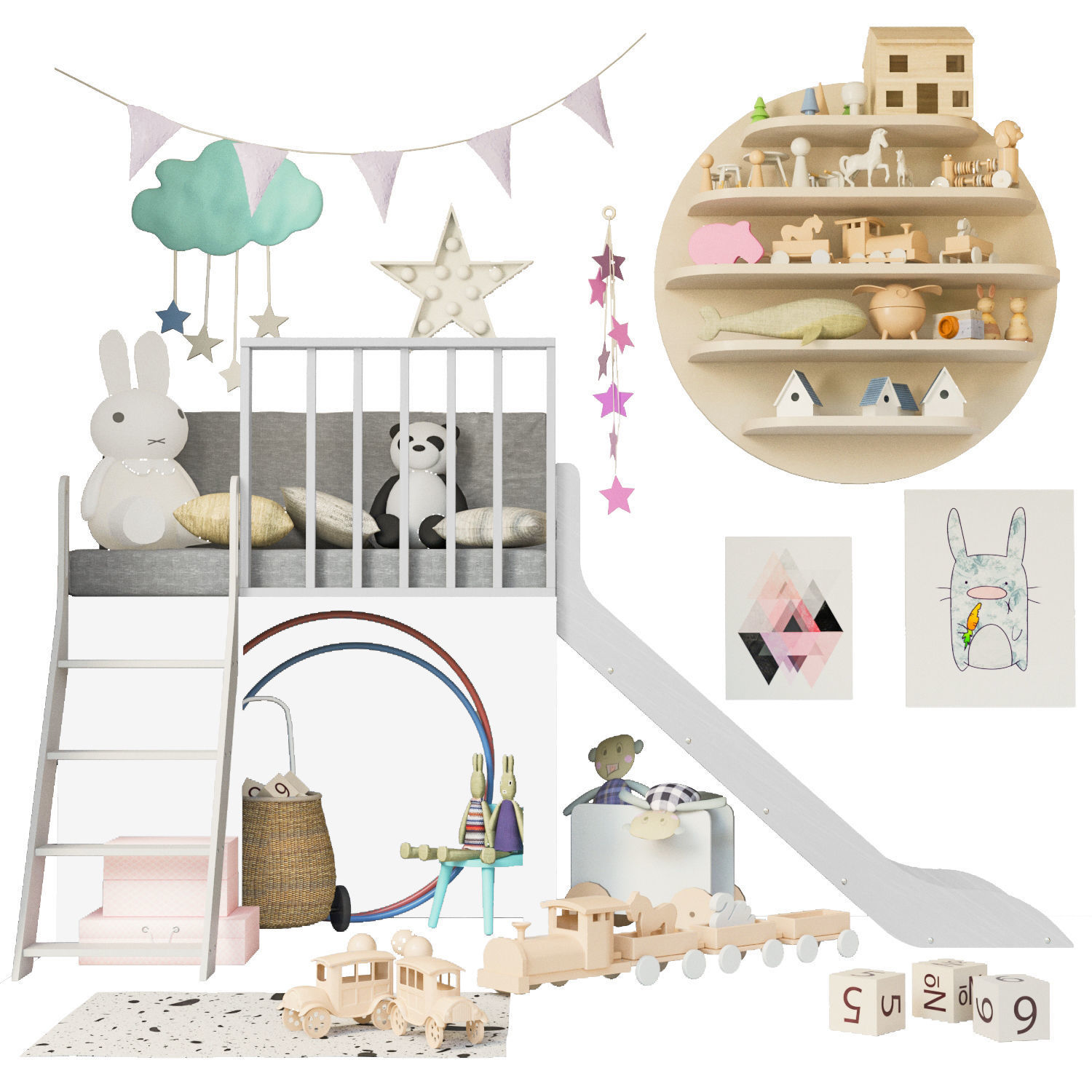 Children wardrobe with decor and toys 3D model_1