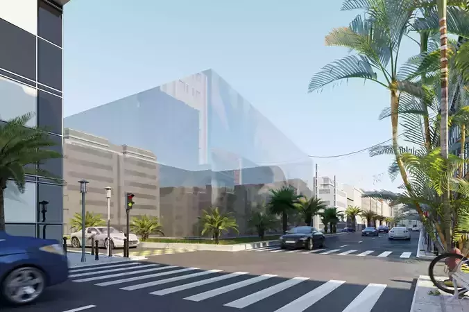 Street N city with cars and palm trees 3D model