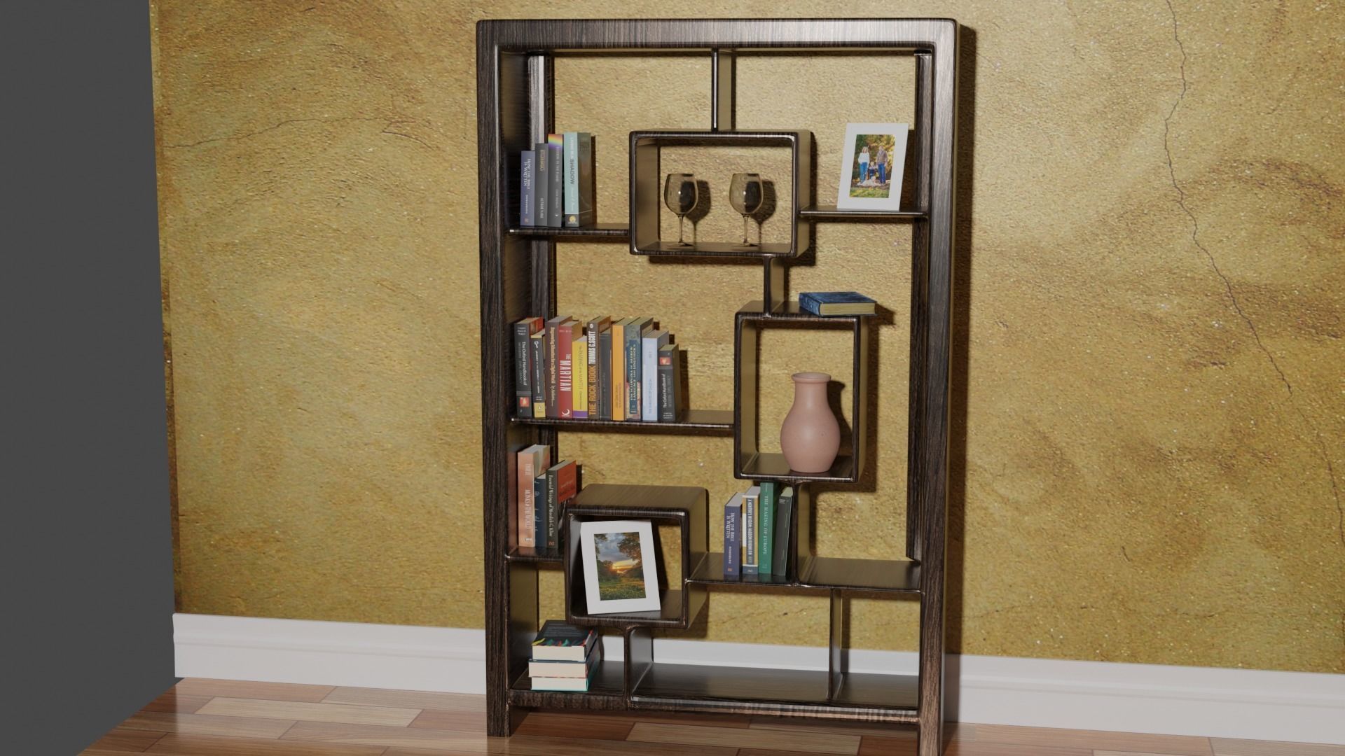 BookShelf wooden bookcase with books Low-poly 3D model_4