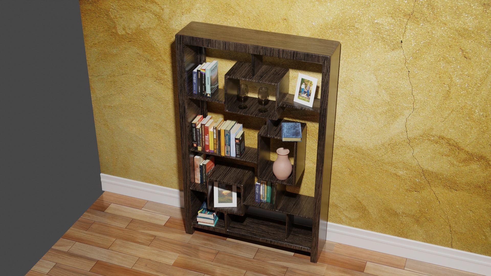 BookShelf wooden bookcase with books Low-poly 3D model_3