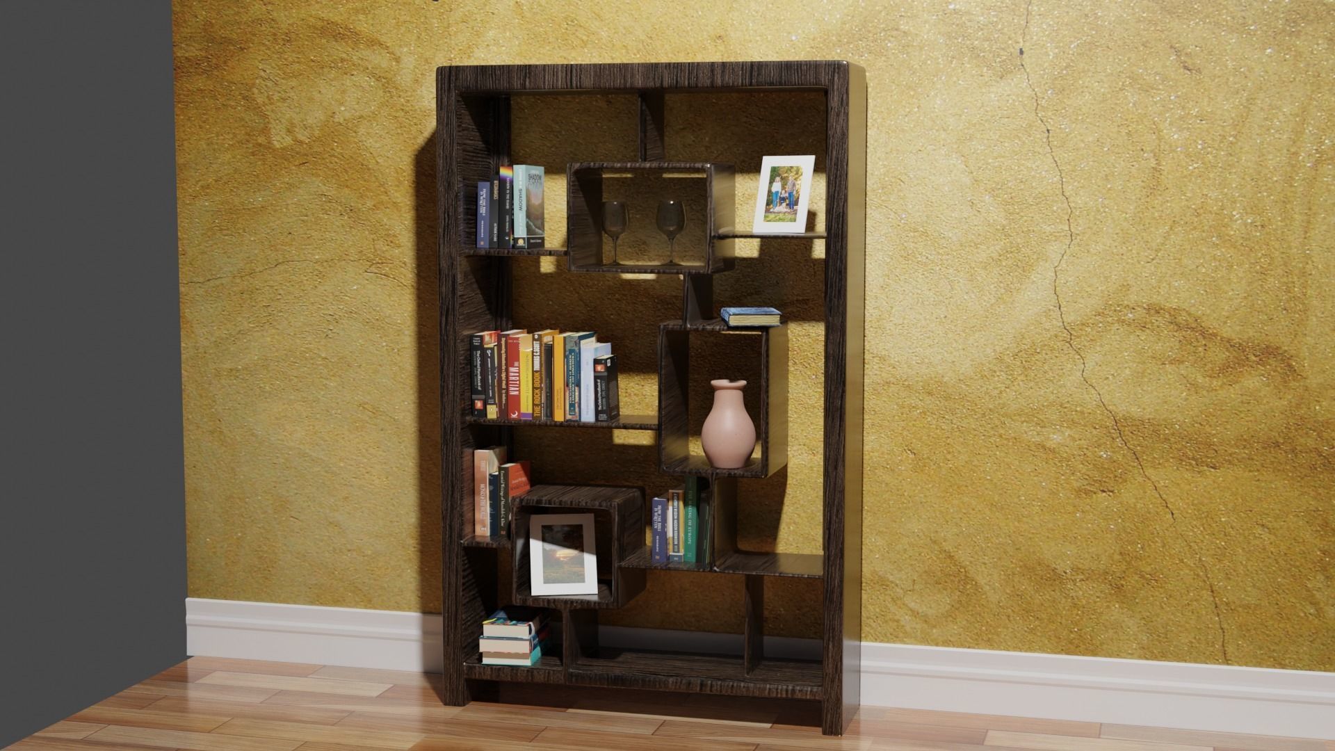 BookShelf wooden bookcase with books Low-poly 3D model_7