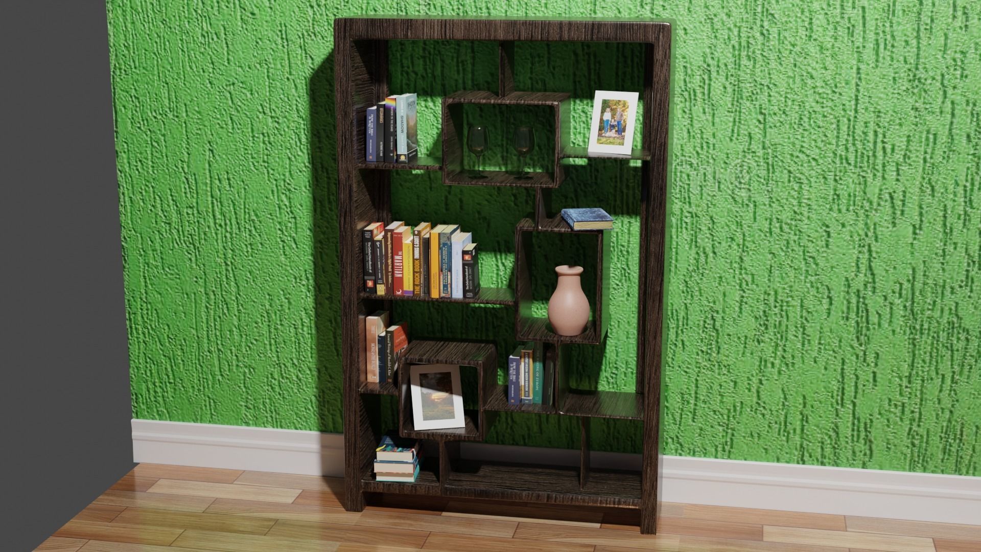 BookShelf wooden bookcase with books Low-poly 3D model_2