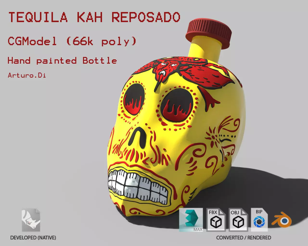 Tequila Kah Reposado Skull Bottle 3D model_0