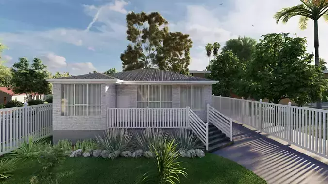 3d exterior render house with deck and fence