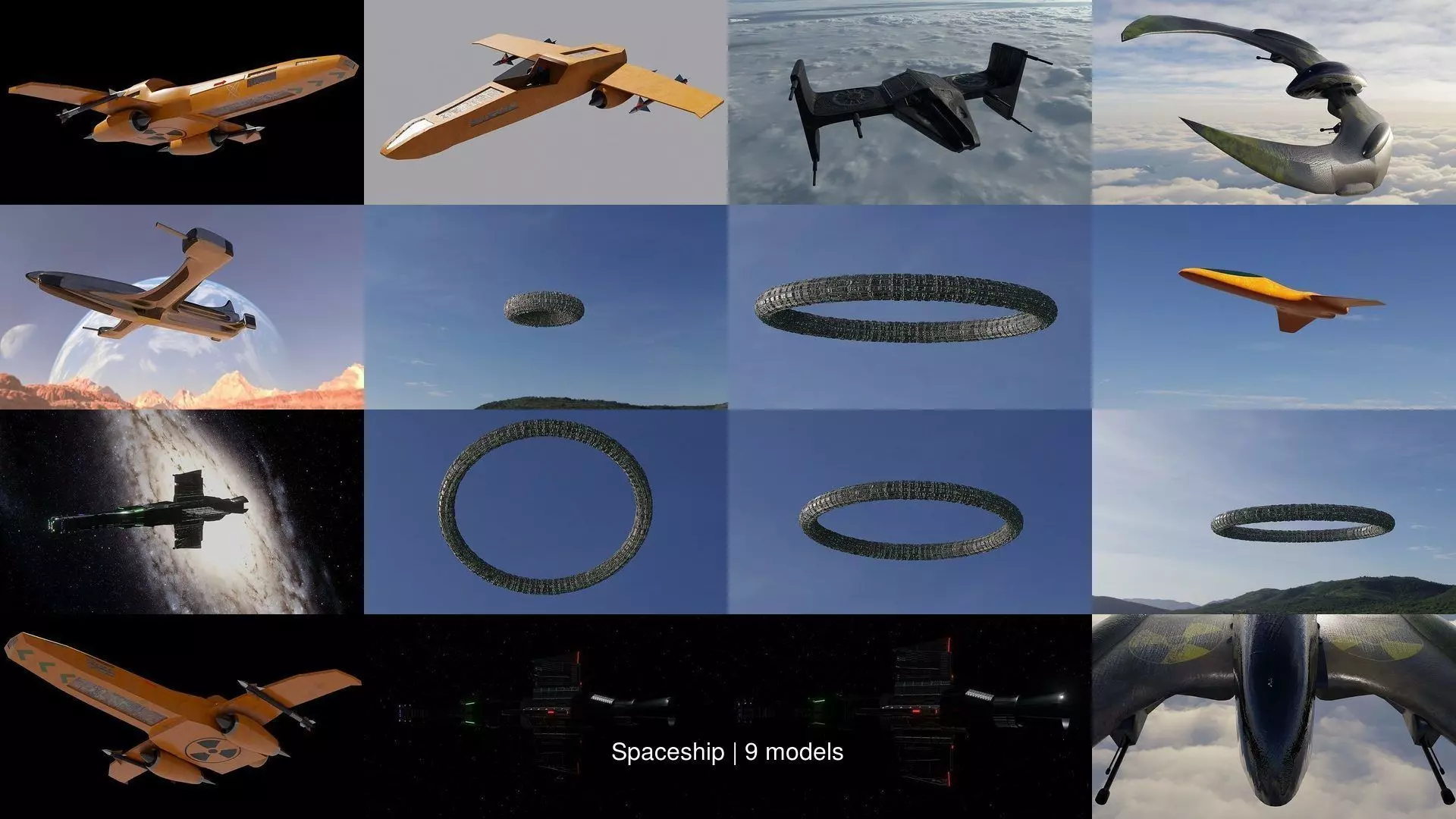 Spaceship orange spacecraft flying in sky 3D Model Collection_0