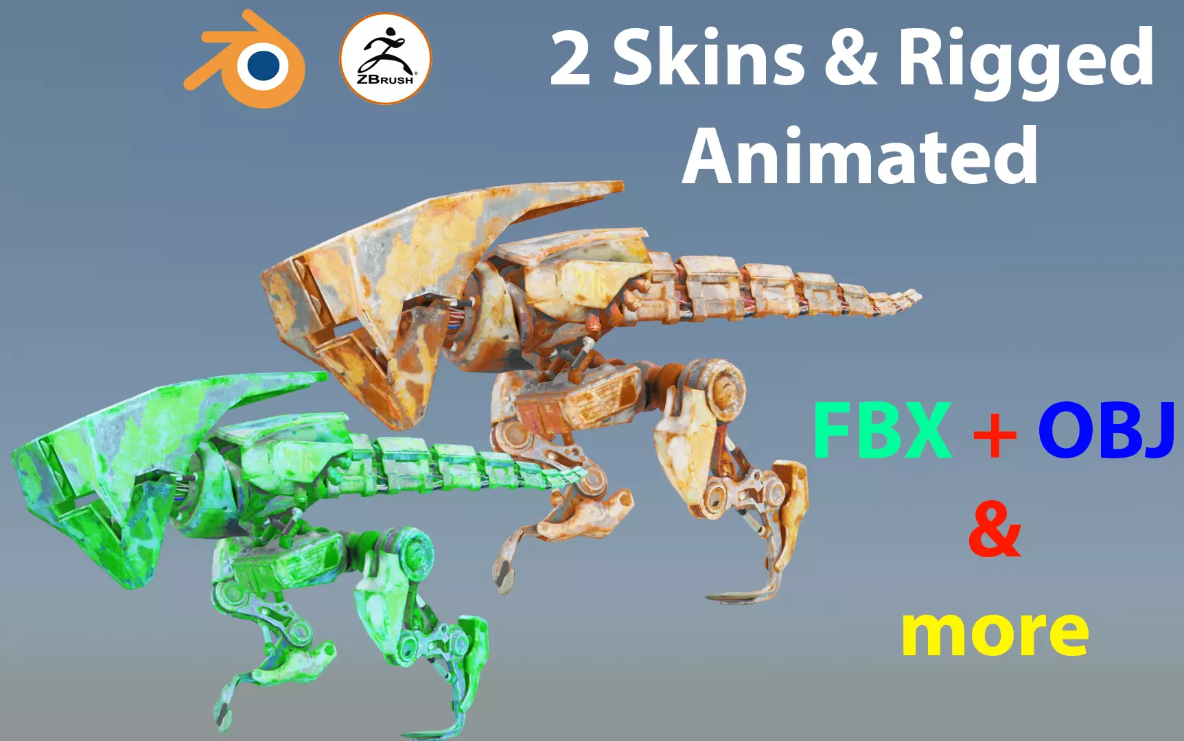Futuristic Raptoid Dinosaur Rigged Animated Low-poly 3D model_0
