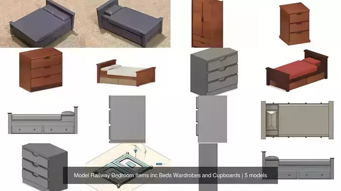 Model Railway Bedroom Items inc Beds Wardrobes and Cupboards 3D Model Collection