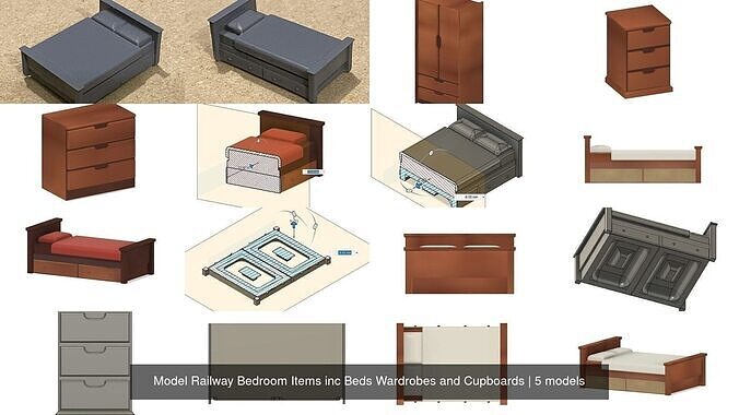 Model Railway Bedroom Items inc Beds Wardrobes and Cupboards 3D Model Collection