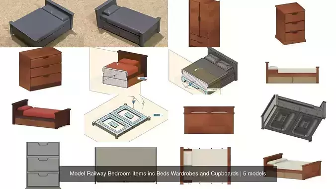 Model Railway Bedroom Items inc Beds Wardrobes and Cupboards 3D Model Collection