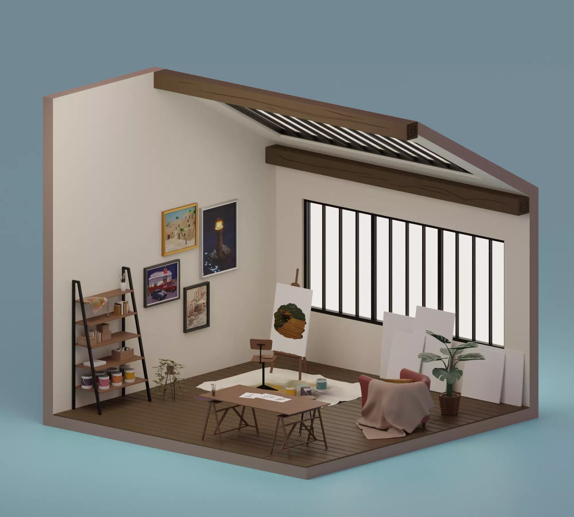 Artist s studio Low-poly 3D model_0