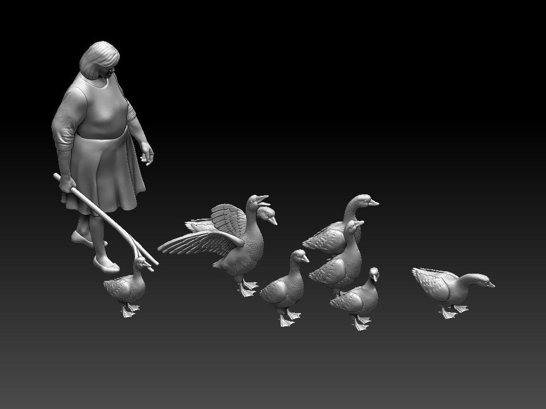 woman and geese 3D print model_5