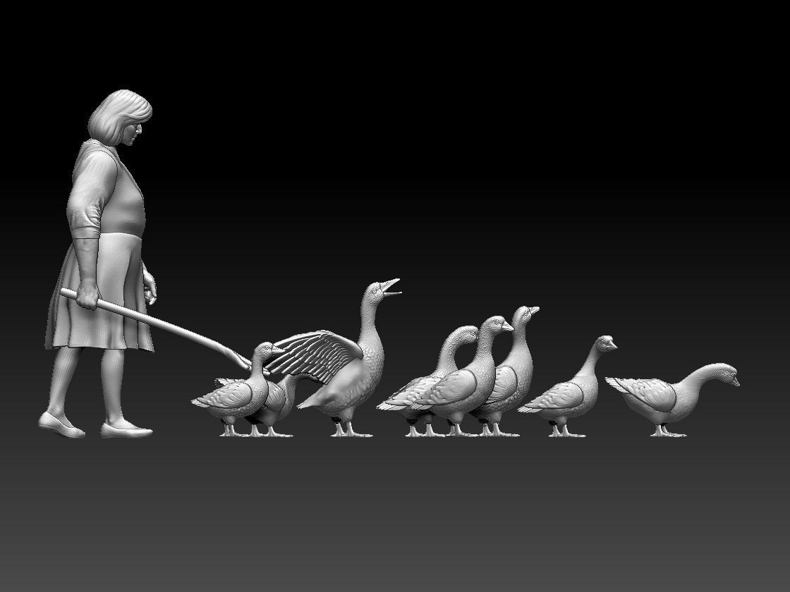 woman and geese 3D print model_3