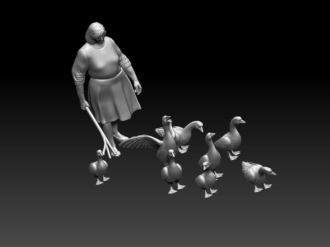 woman and geese 3D print model_2