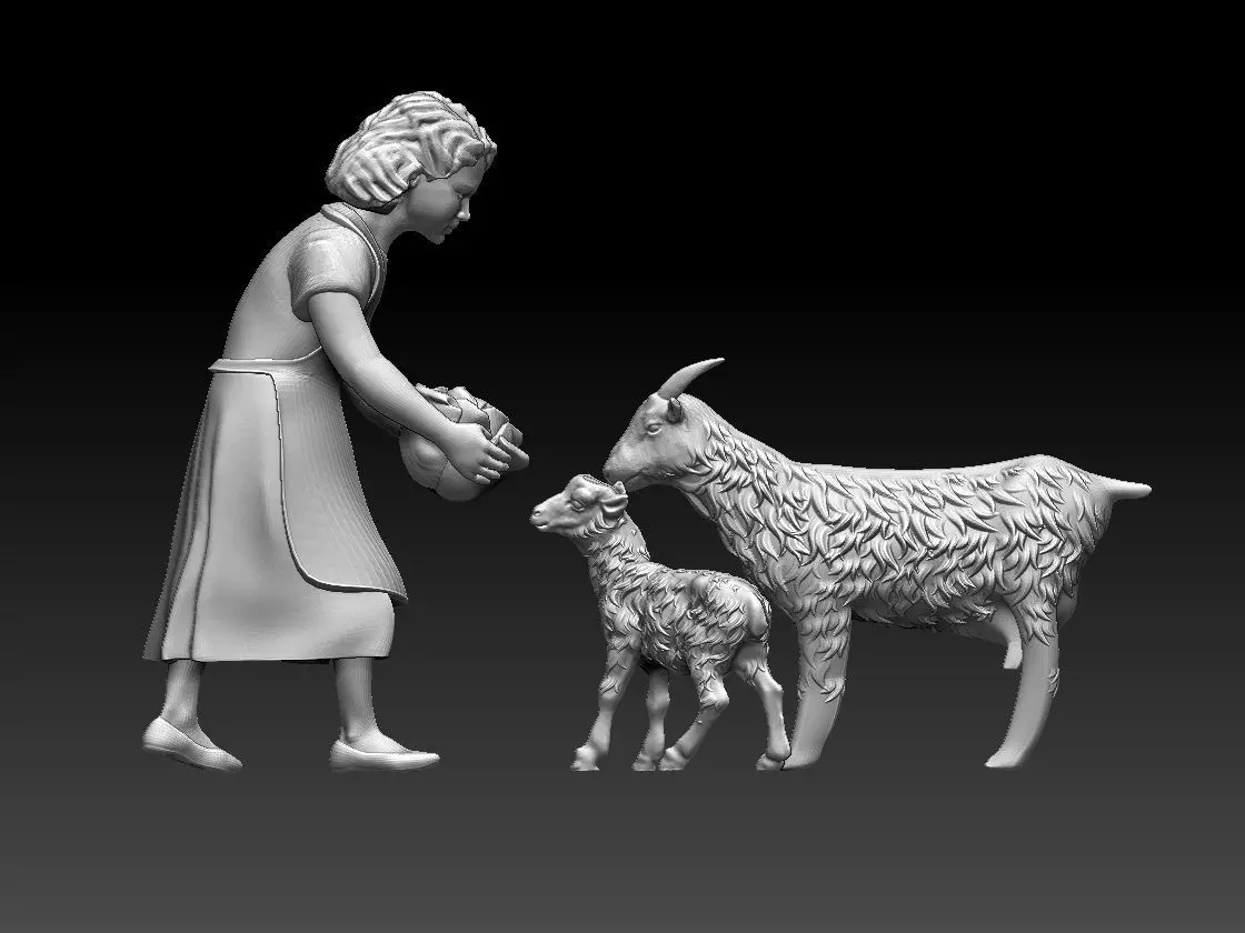 girl and goats 3D print model_0