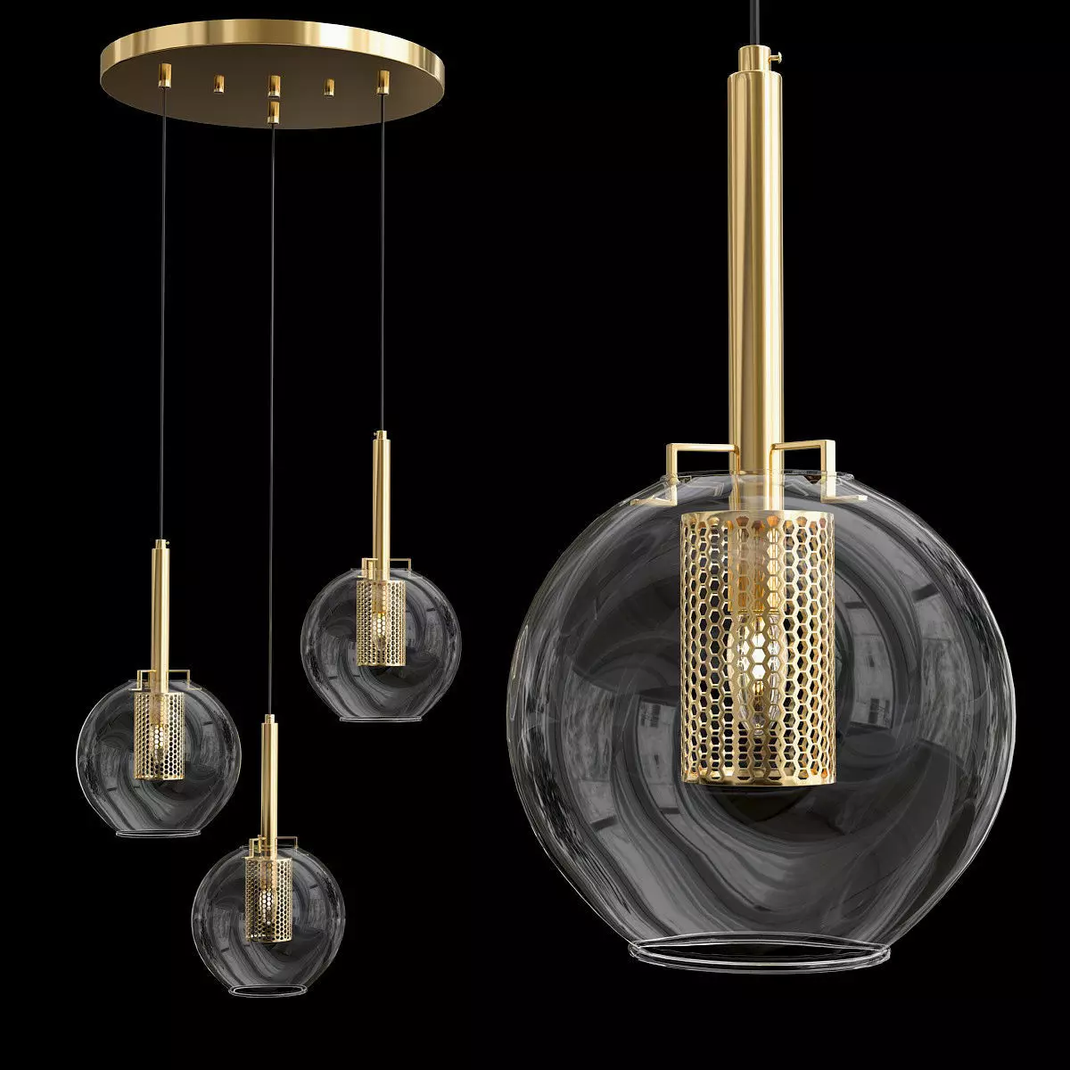JUSTT three gold and glass pendant lights 3D model