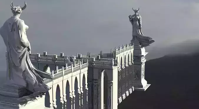 Baroque Bridge tall arches with angel statues on stands 3D model