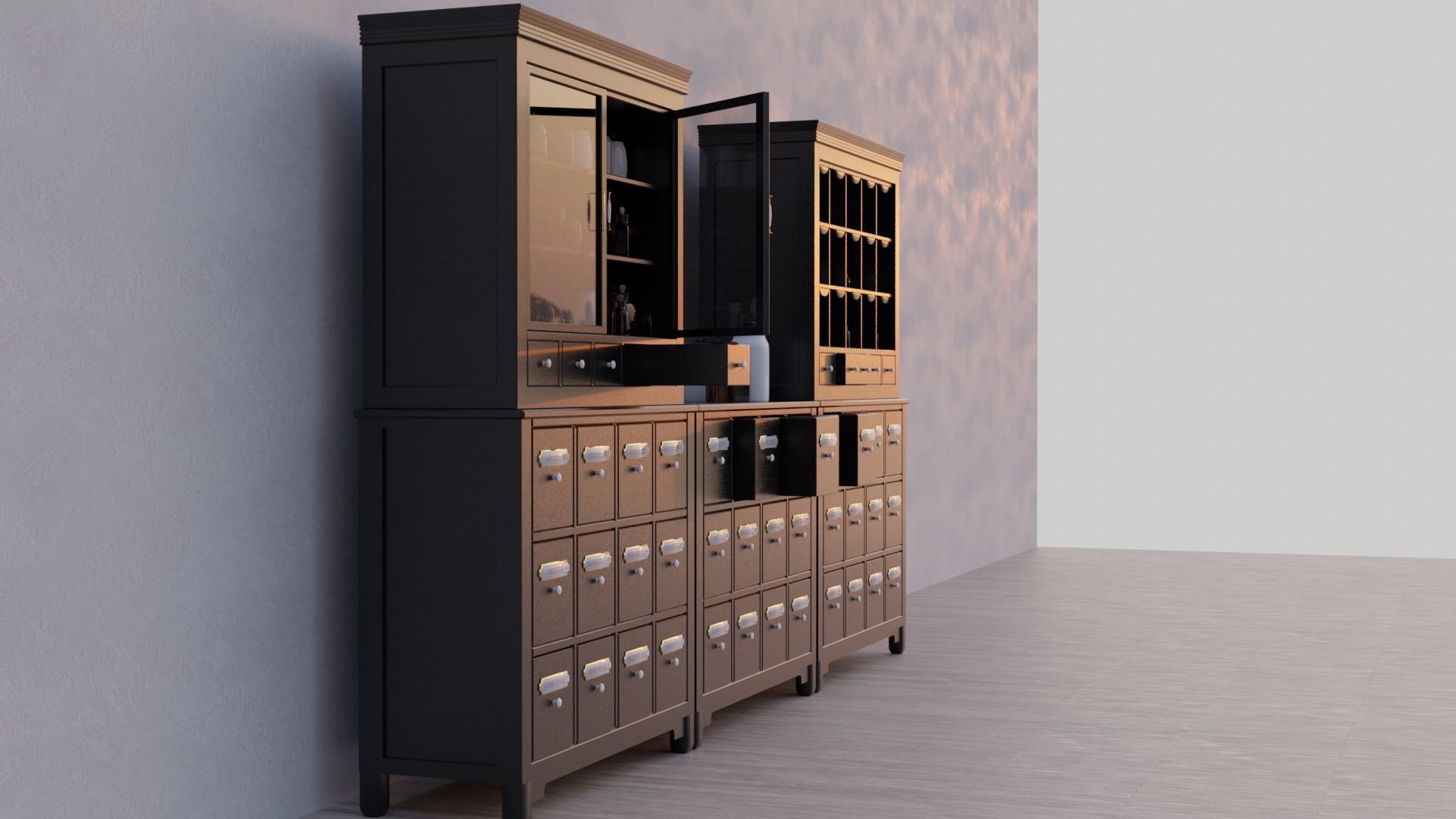 Modular apothecary cabinet with bottles and jars Low-poly 3D model_18
