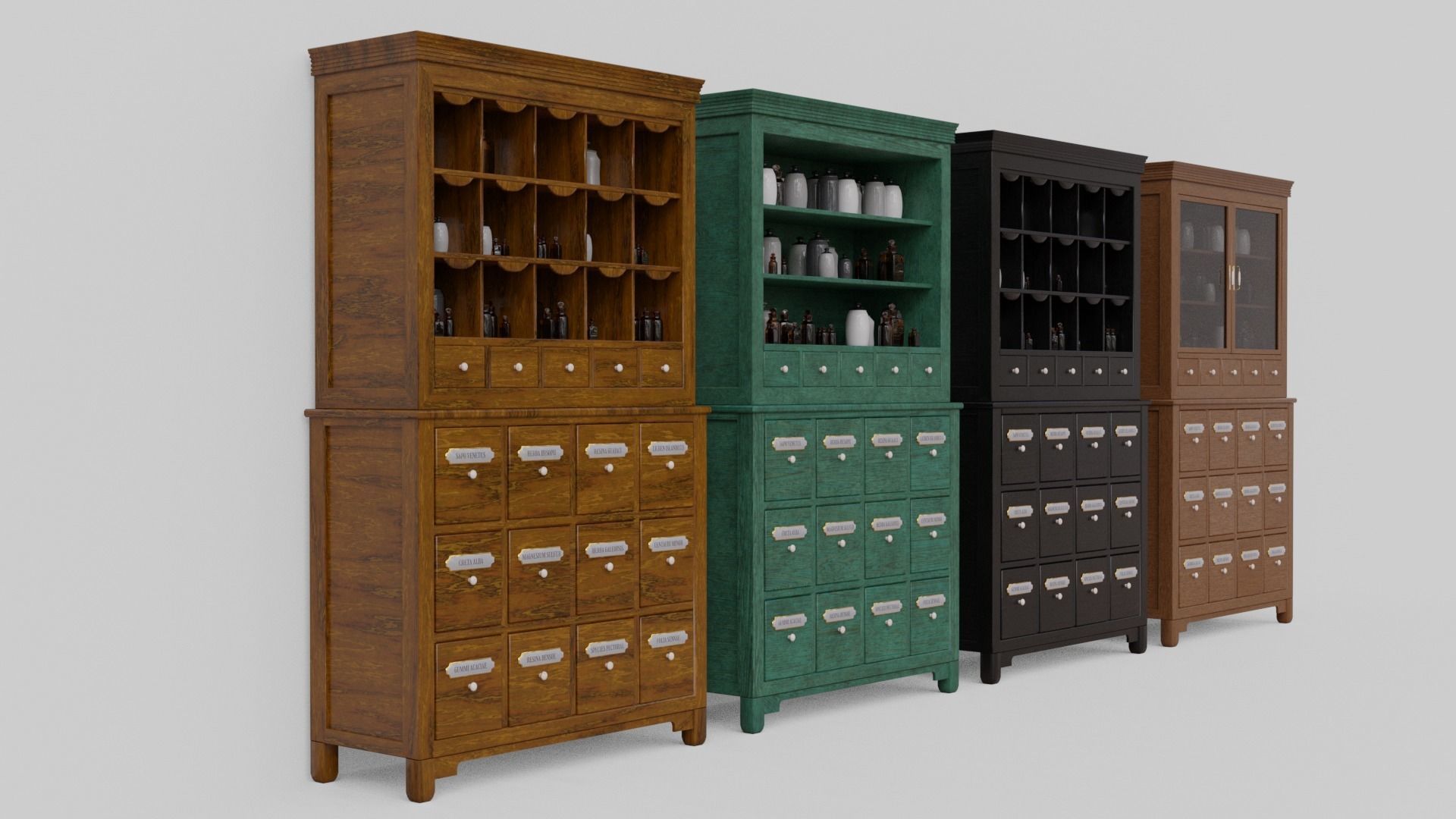 Modular apothecary cabinet with bottles and jars Low-poly 3D model_1