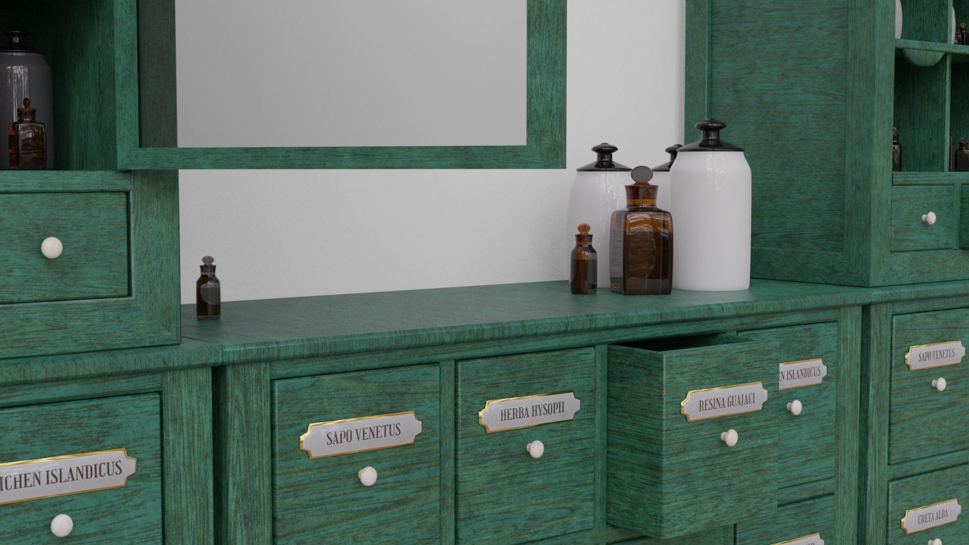Modular apothecary cabinet with bottles and jars Low-poly 3D model_5