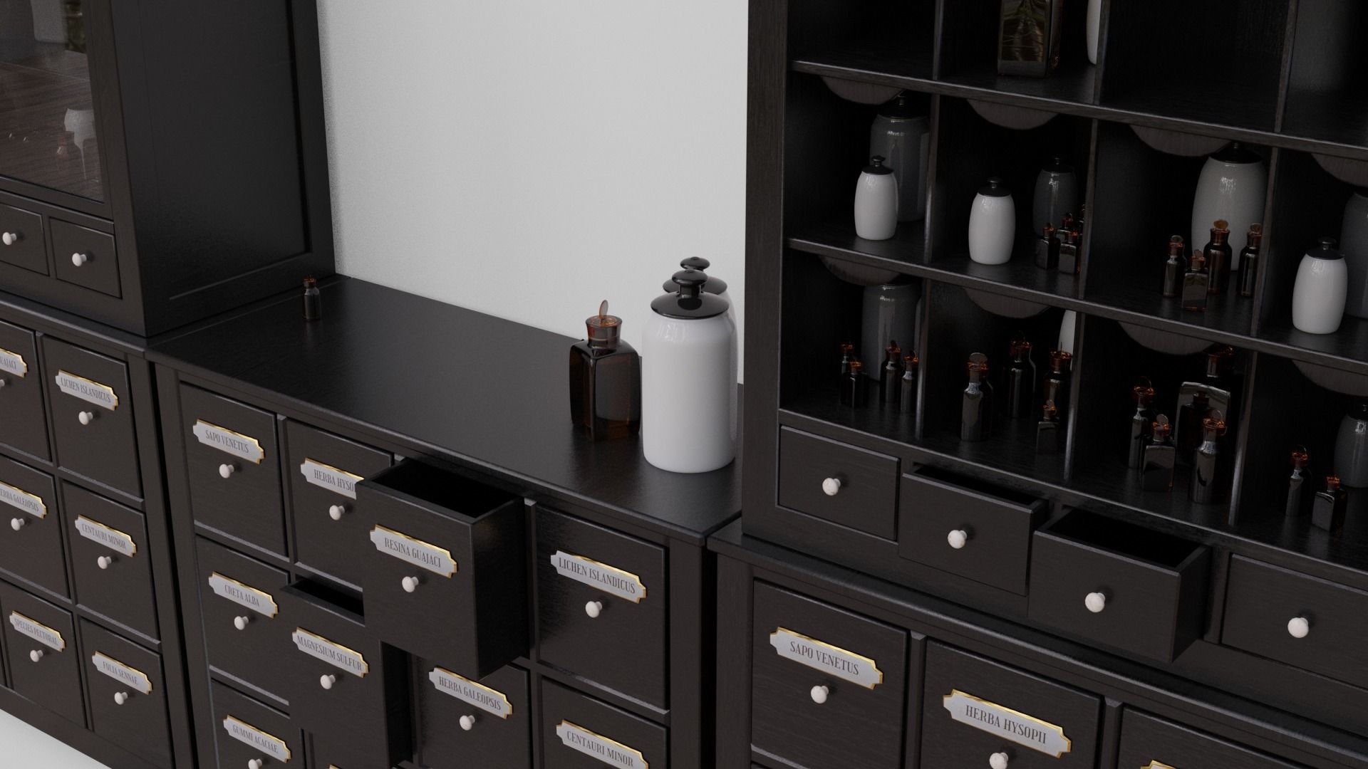 Modular apothecary cabinet with bottles and jars Low-poly 3D model_4