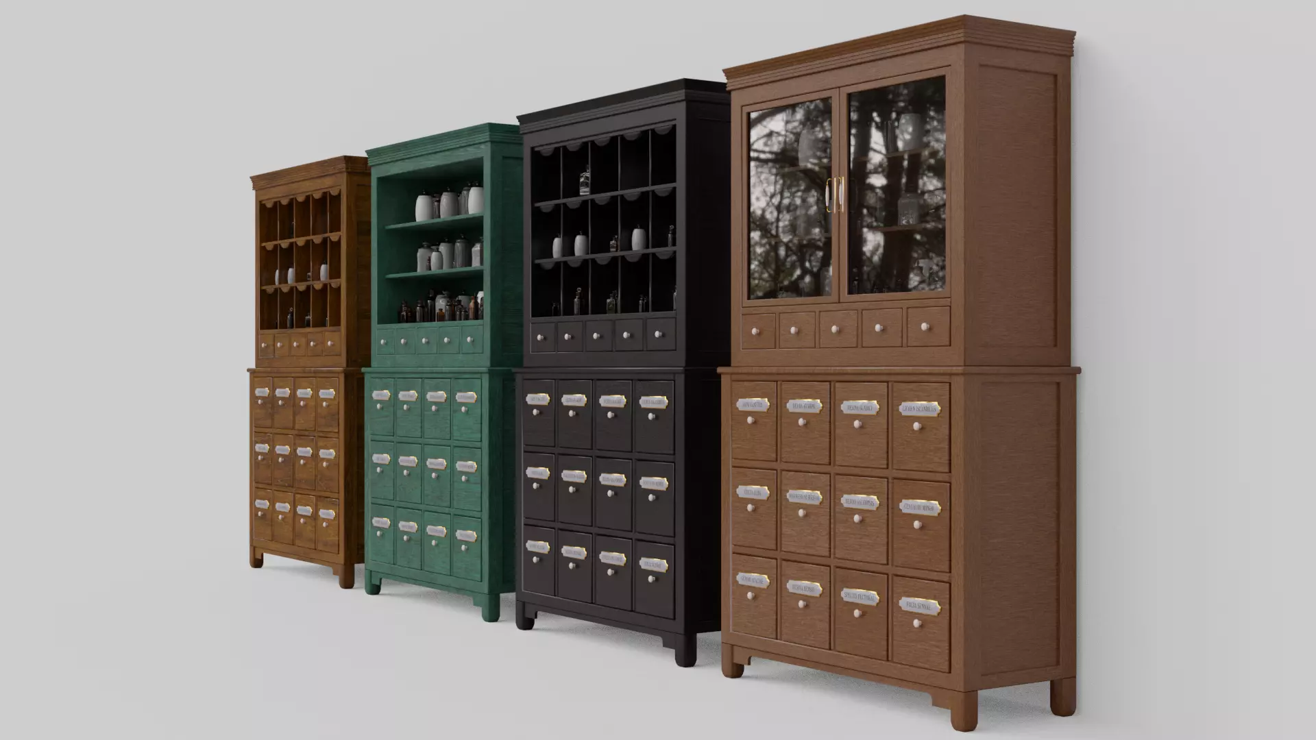 Modular apothecary cabinet with bottles and jars Low-poly 3D model_0