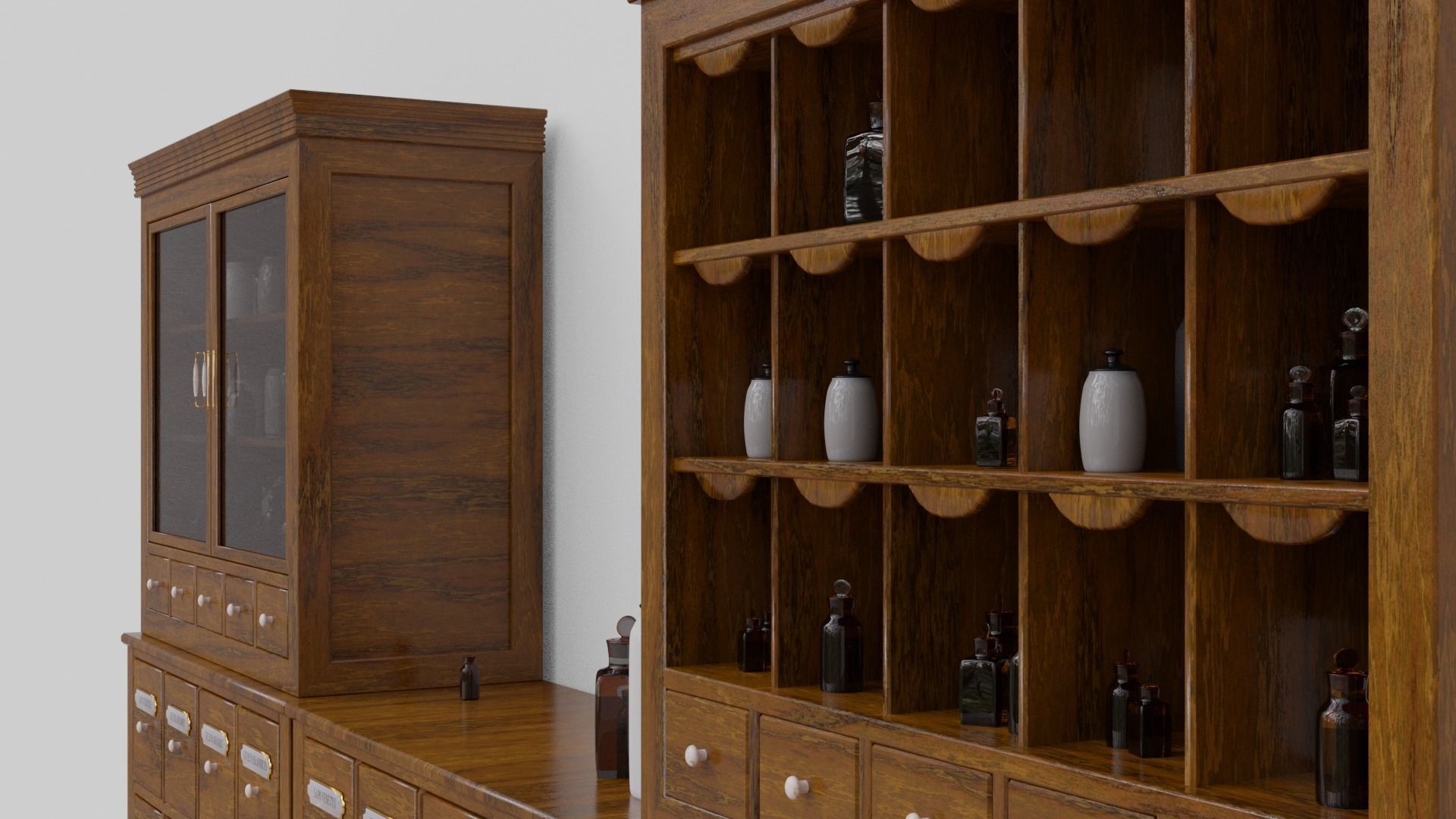 Modular apothecary cabinet with bottles and jars Low-poly 3D model_3
