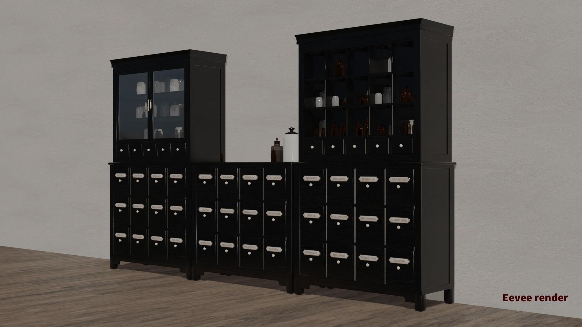 Modular apothecary cabinet with bottles and jars Low-poly 3D model_19