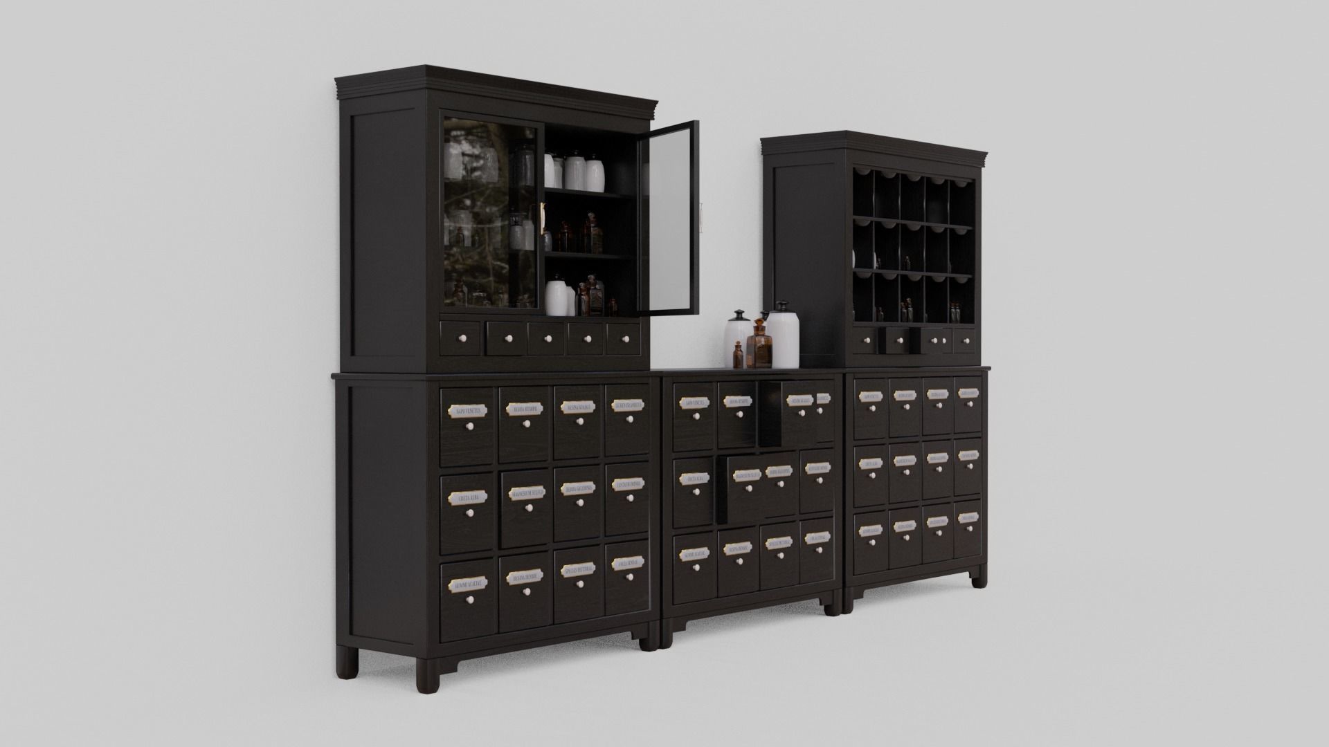 Modular apothecary cabinet with bottles and jars Low-poly 3D model_8