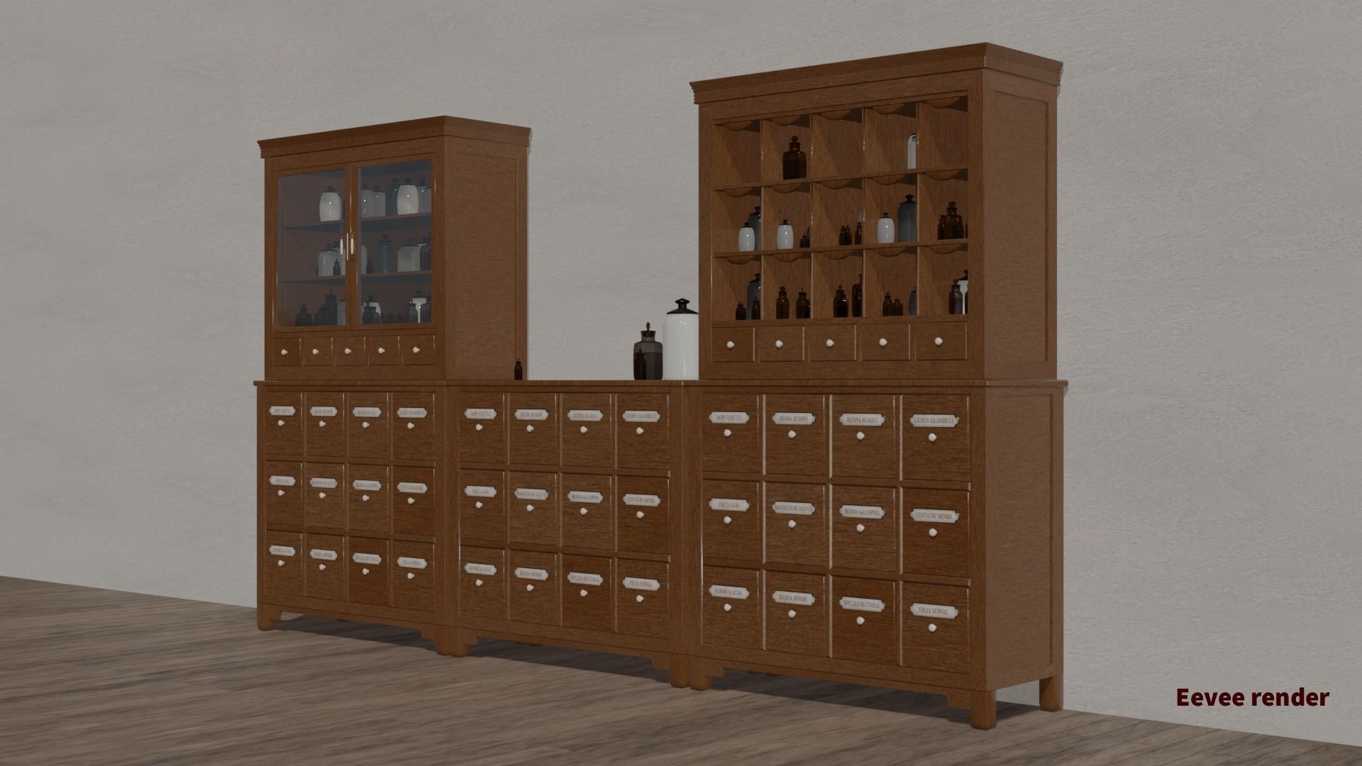 Modular apothecary cabinet with bottles and jars Low-poly 3D model_21