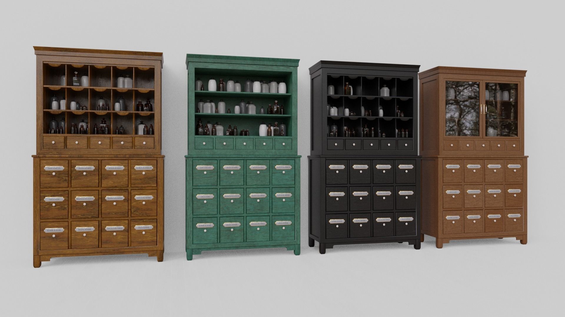 Modular apothecary cabinet with bottles and jars Low-poly 3D model_2