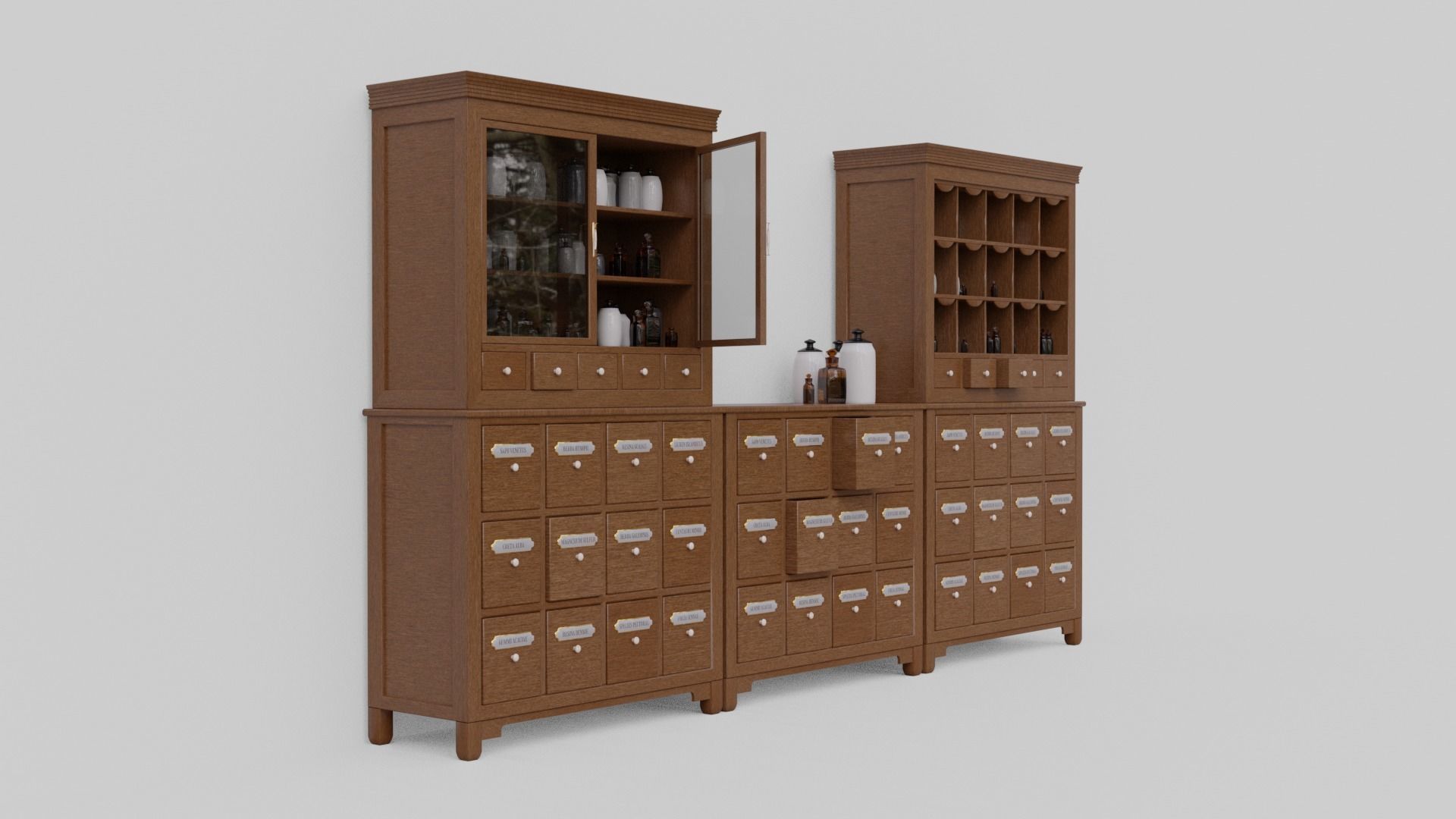 Modular apothecary cabinet with bottles and jars Low-poly 3D model_10
