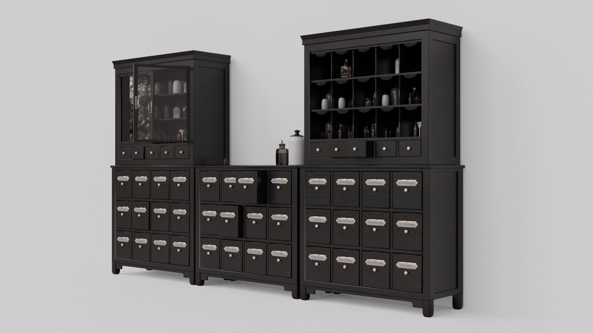 Modular apothecary cabinet with bottles and jars Low-poly 3D model_12