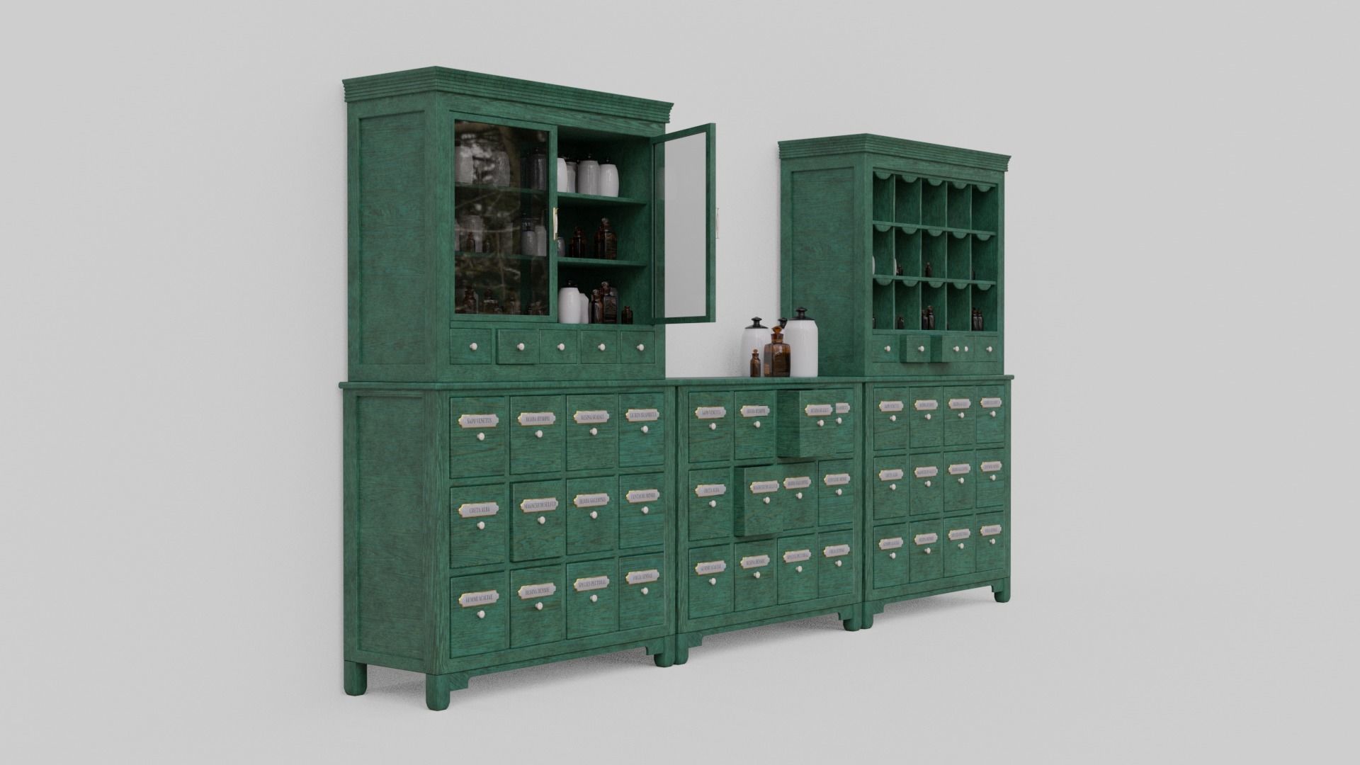 Modular apothecary cabinet with bottles and jars Low-poly 3D model_9