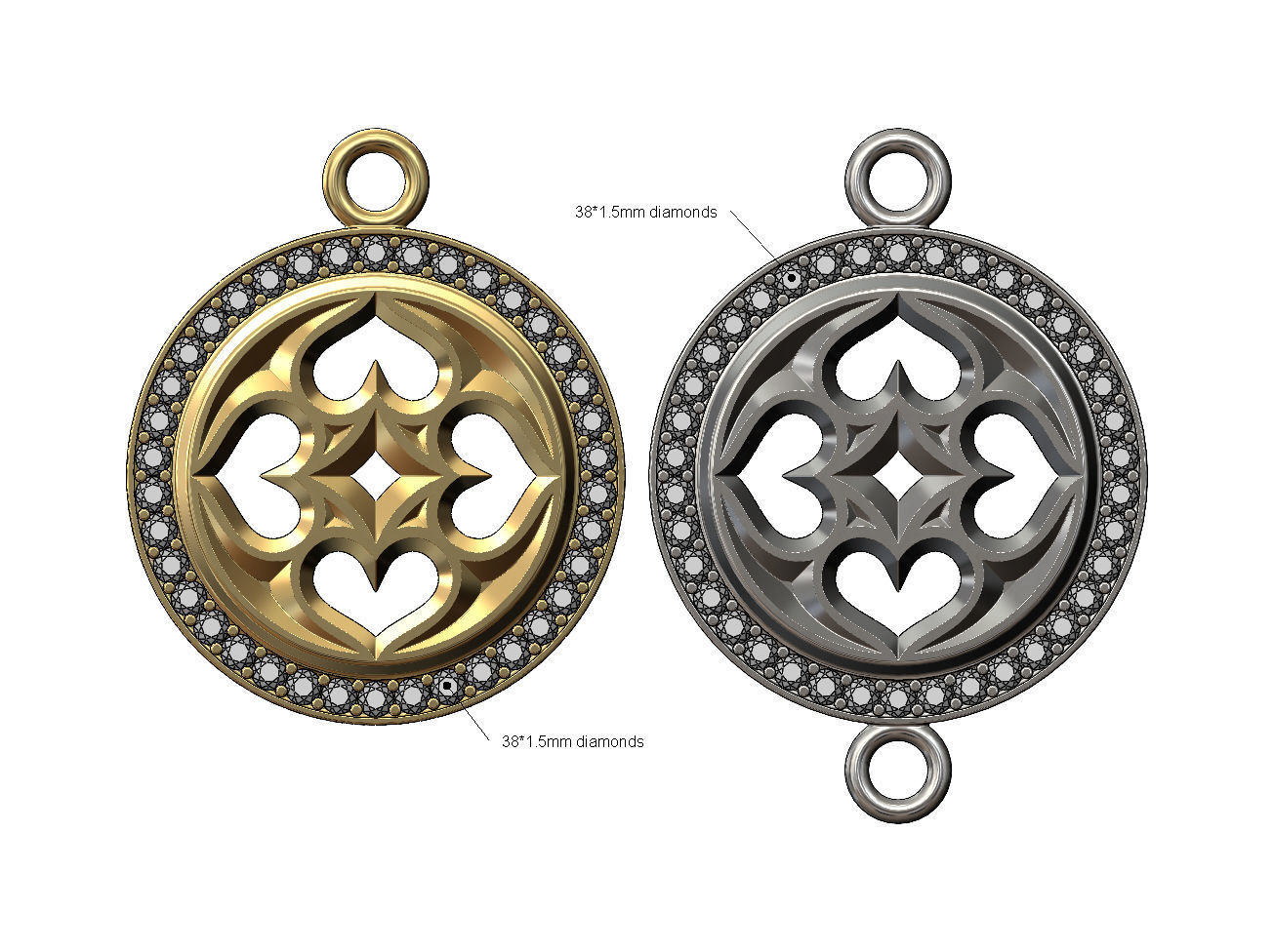 Diamond gothic heart motif pendant and bracelet charm 3D print model_2