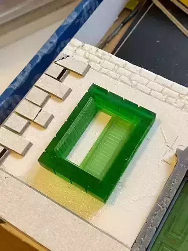 Diorama Stone window frame and weatherboard shutters vintage 