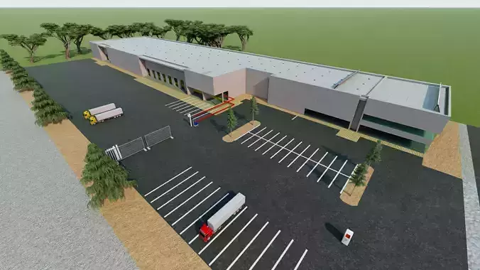 Warehouse 3D model game ready with parking lots
