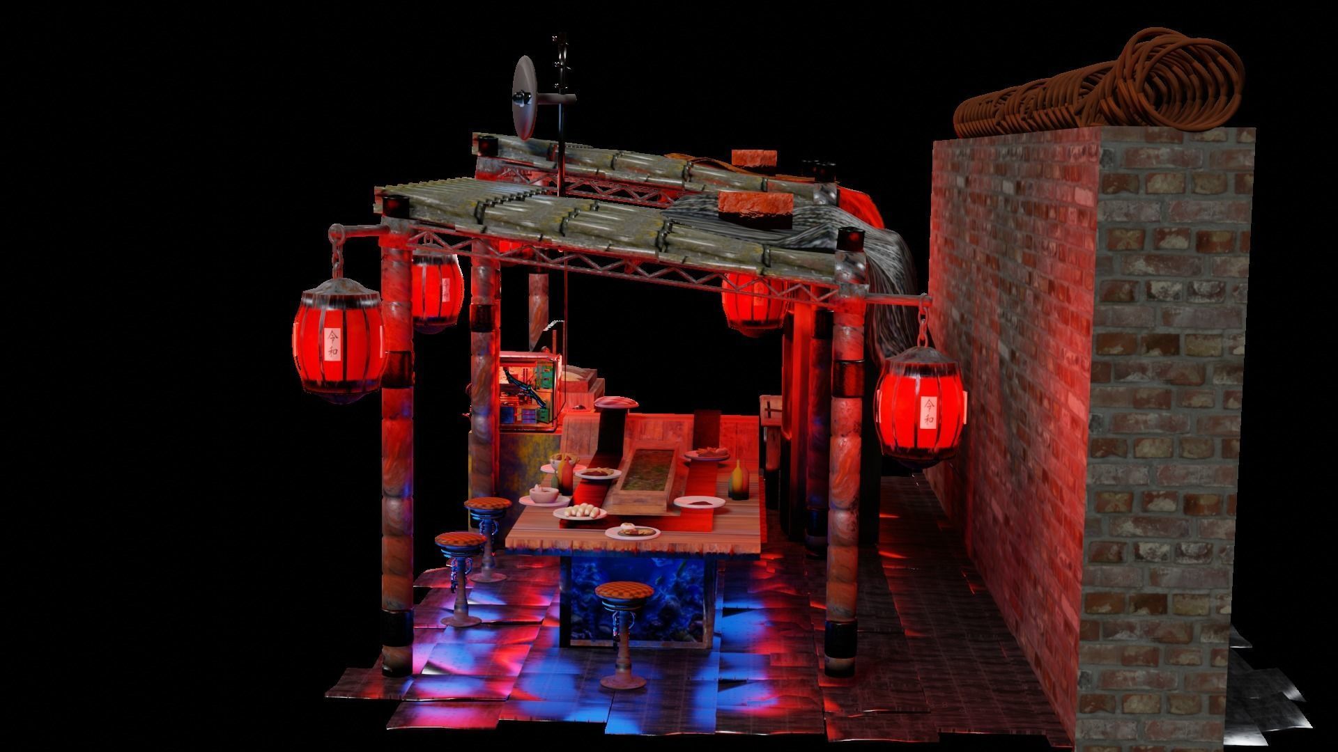 Steampunk noodle bar ramen shop Bladerunner style Low-poly 3D model_6