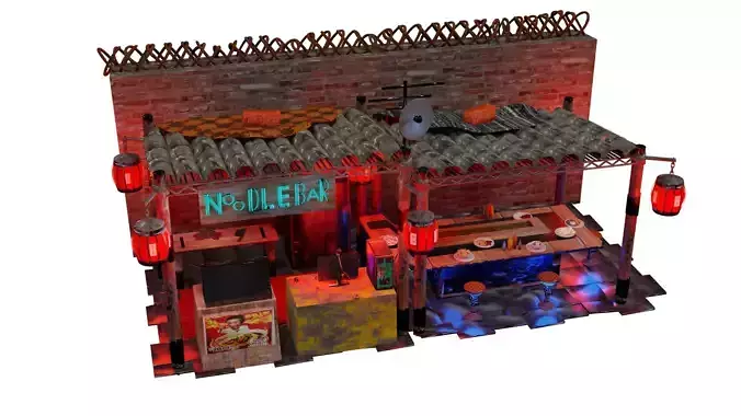 Steampunk noodle bar ramen shop Bladerunner style Low-poly 3D model