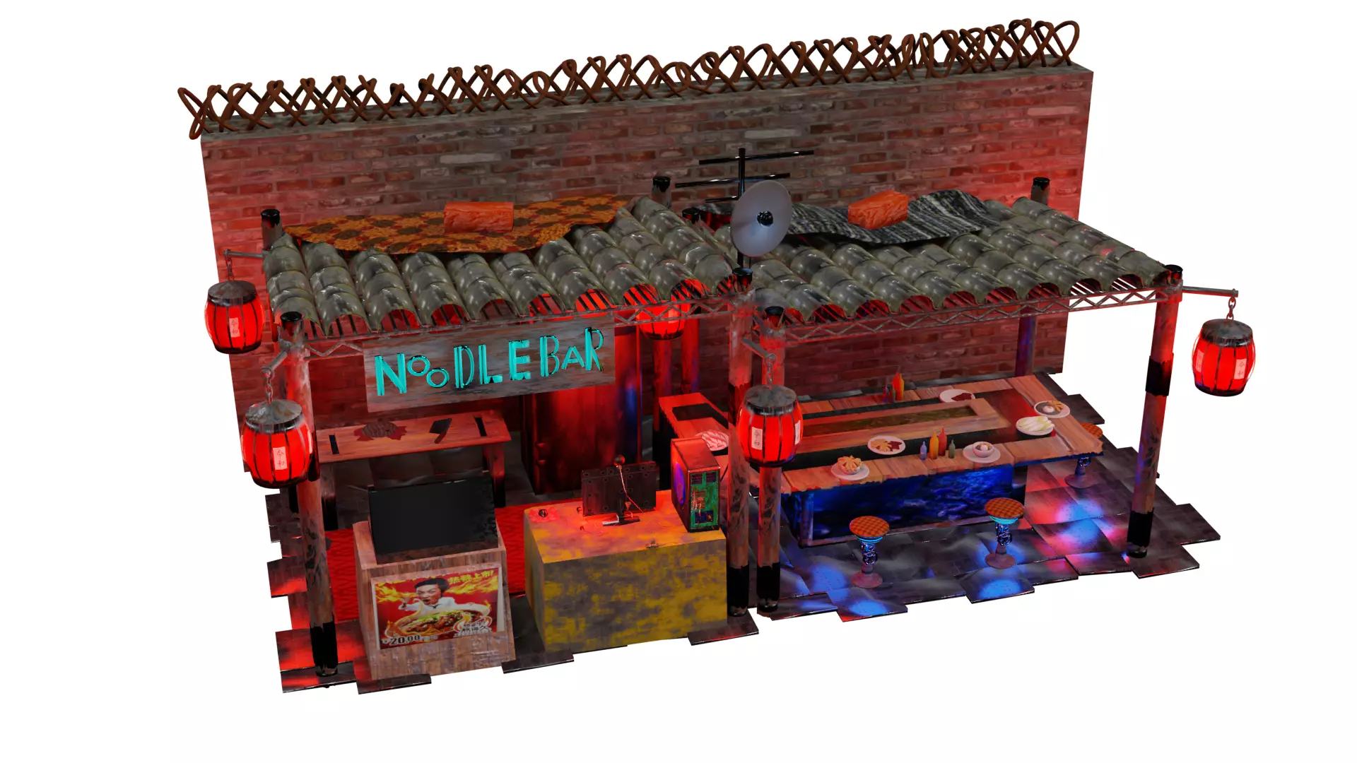 Steampunk noodle bar ramen shop Bladerunner style Low-poly 3D model_0
