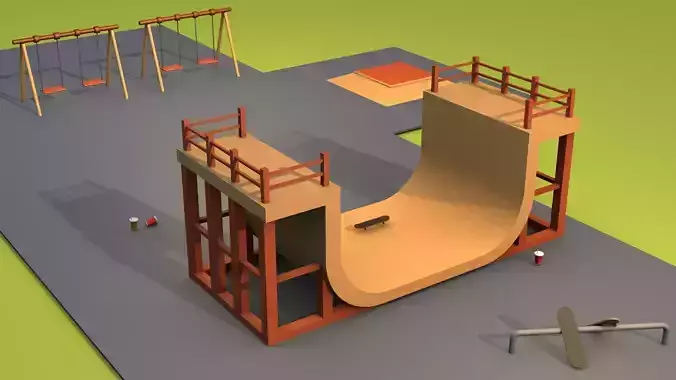 Skateboard skate park with ramp and swings
