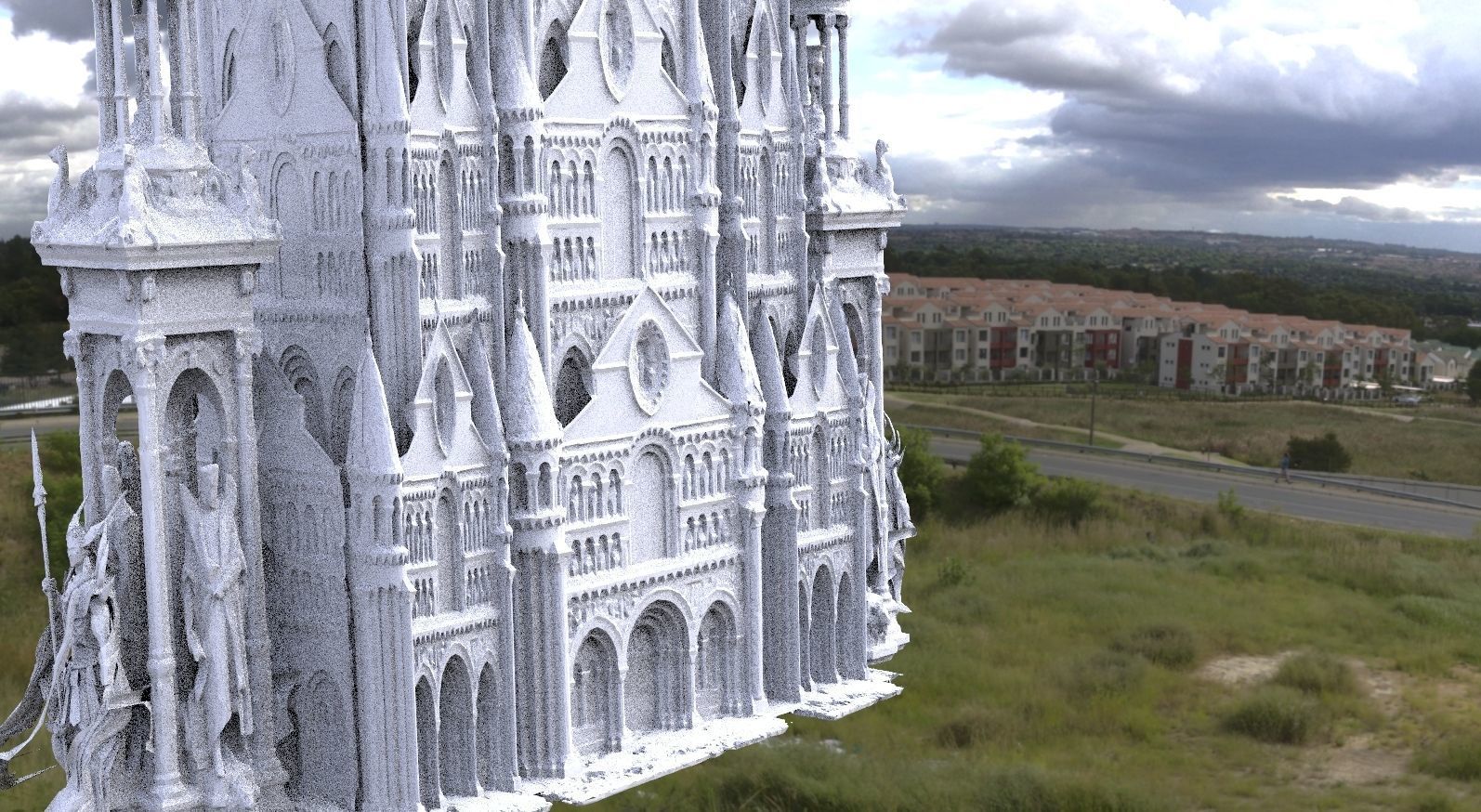 Paris Cathedral fantasy architecture with angel statues 3D model_2