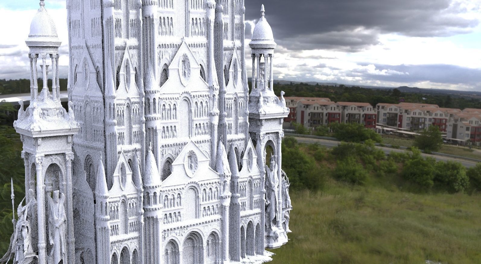 Paris Cathedral fantasy architecture with angel statues 3D model_1