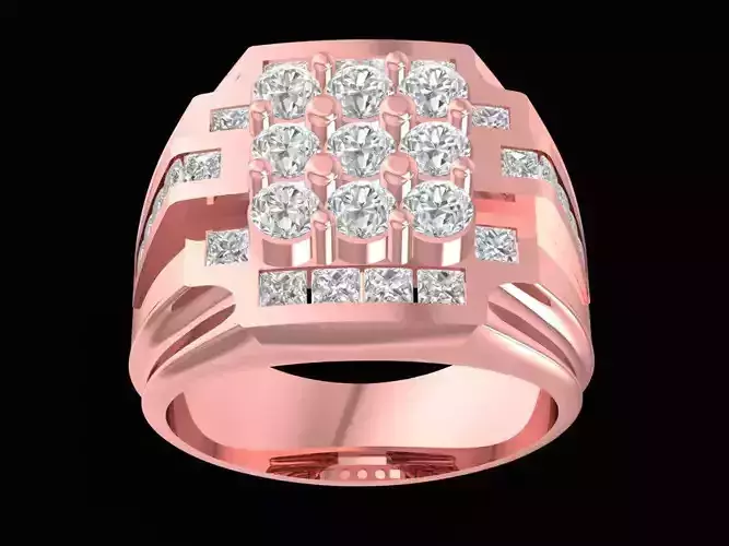 Square Grid Diamond Gold Men Ring 2416