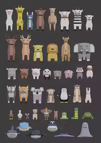 Low poly animals set animal characters Low-poly 3D model