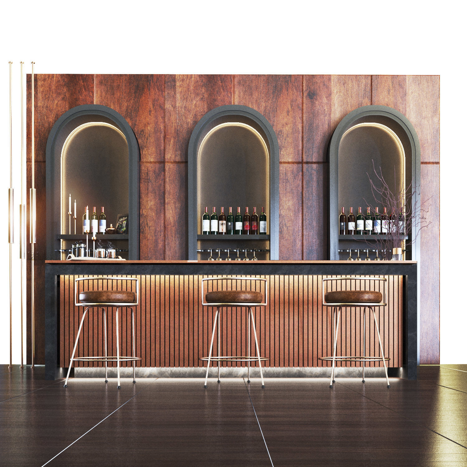 cafe01 bar with stools and wine bottles Low-poly 3D model_2