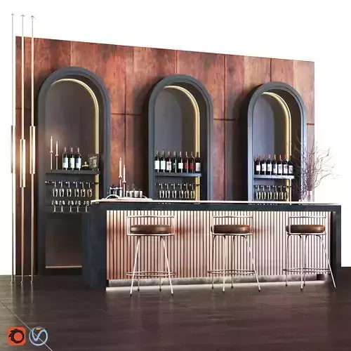 cafe01 bar with stools and wine bottles Low-poly 3D model